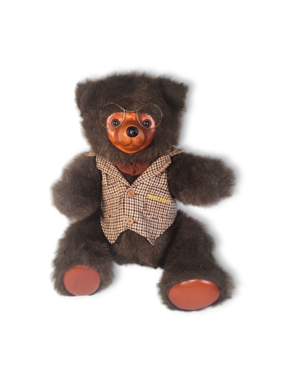 Vintage 1985 Robert Raikes Bear Sebastian Vest Glasses Wooden Face 20"